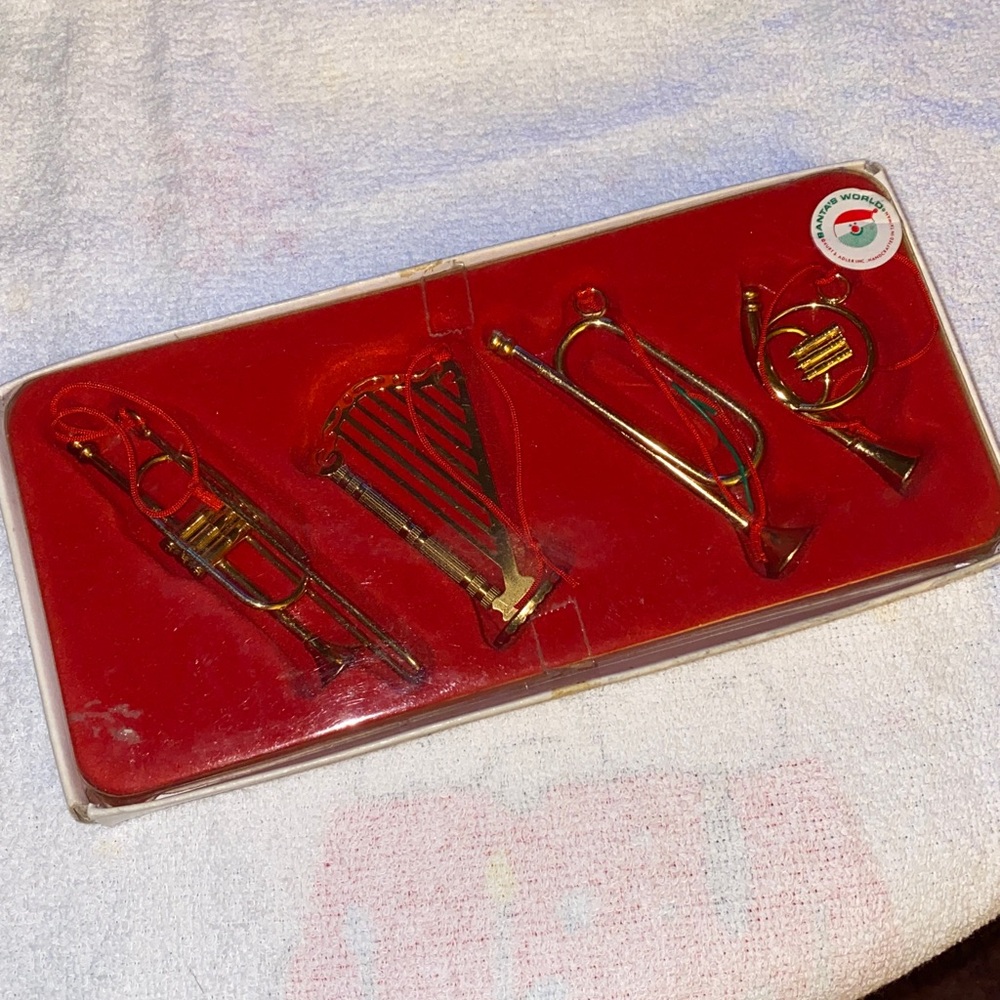 Four 4 Vintage Brass Christmas Ornaments Musical Instruments Bugle Harp Trombone